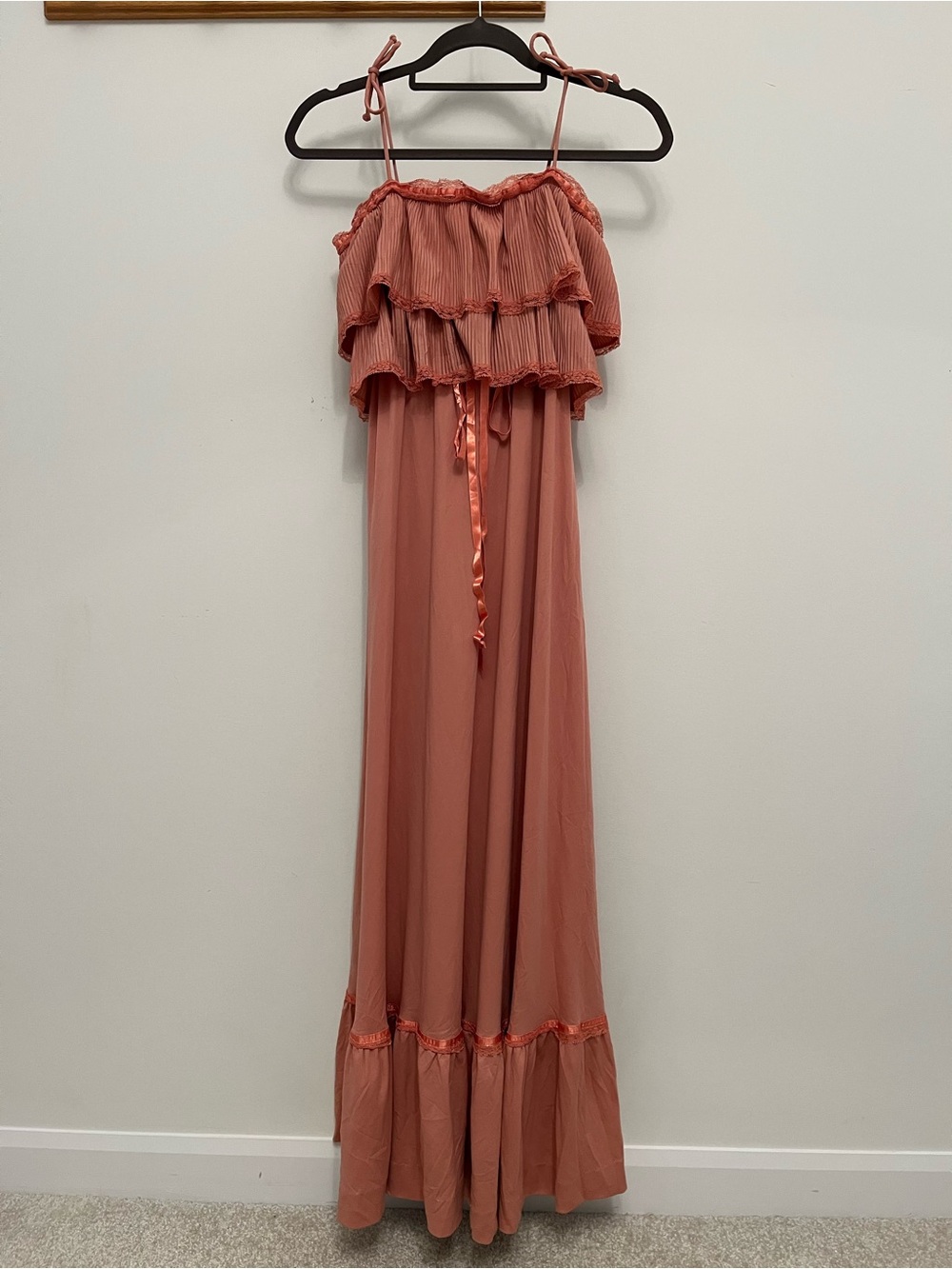 Authentic Vintage 70s Sleeveless Ruffle Maxi Dress in Dusty Rose